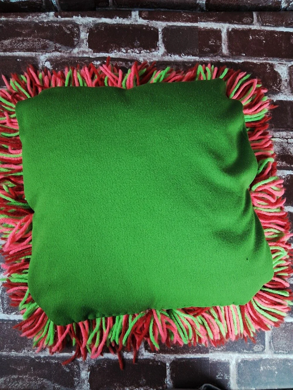 Crochet Pom Pom Pillow Vintage 70s Yarn Handmade Hippie Accent Dopamine Sofa